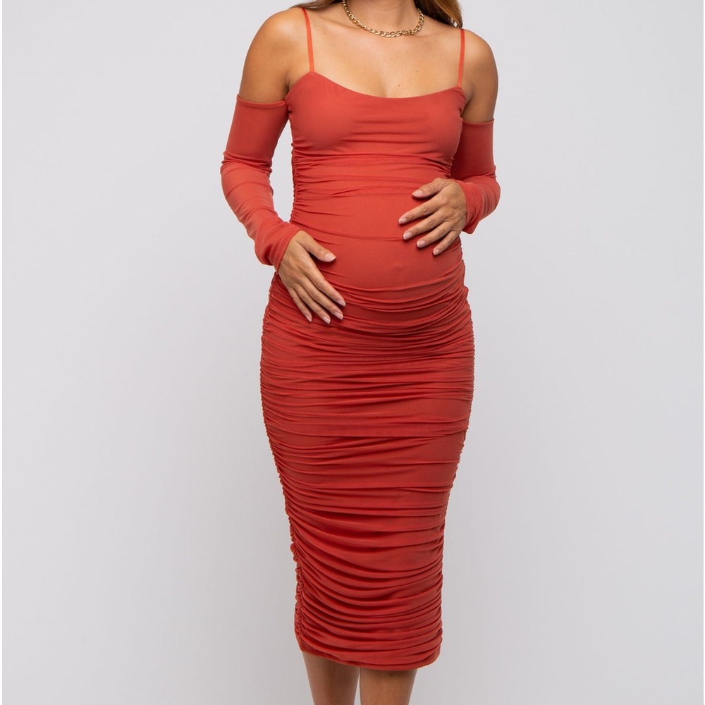 Rust Mesh Ruched Long Sleeve Maternity Dress Medium New